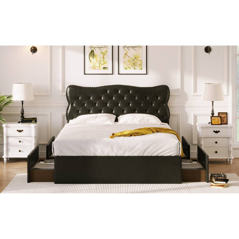 [Modern Style Bed Frame] Full Size Bed Frame with 4 Storage Drawers,Leather Upholstered Platform